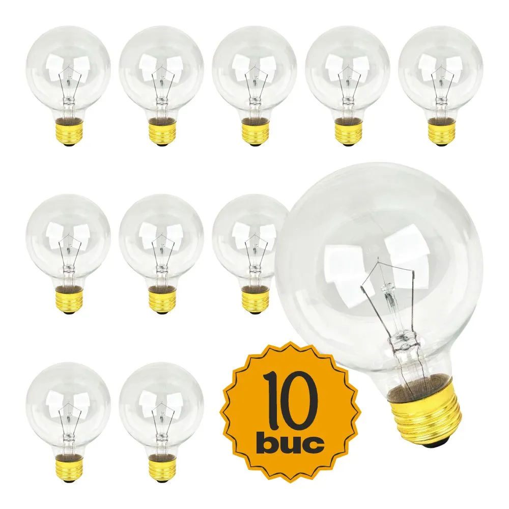 Set 10 Becuri Incandescente pentru uz industrial, 7W, din Sticla, Dimabile, E12, G50, Lumina Foarte Calda, de Exterior