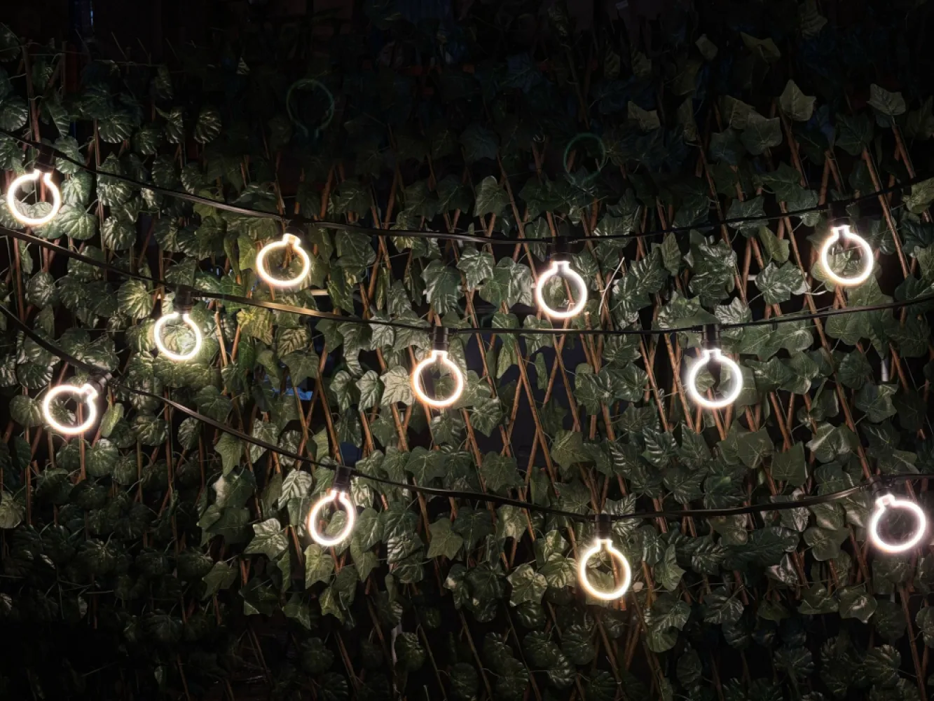 Ghirlandă Luminoasă 30M cu 30 Becuri Bec LED cu Efect Neon 4W, din Plastic, Dimabil, E27, G95, Lumina Foarte Calda, de Exterior, Cablu Negru fără Pendul.