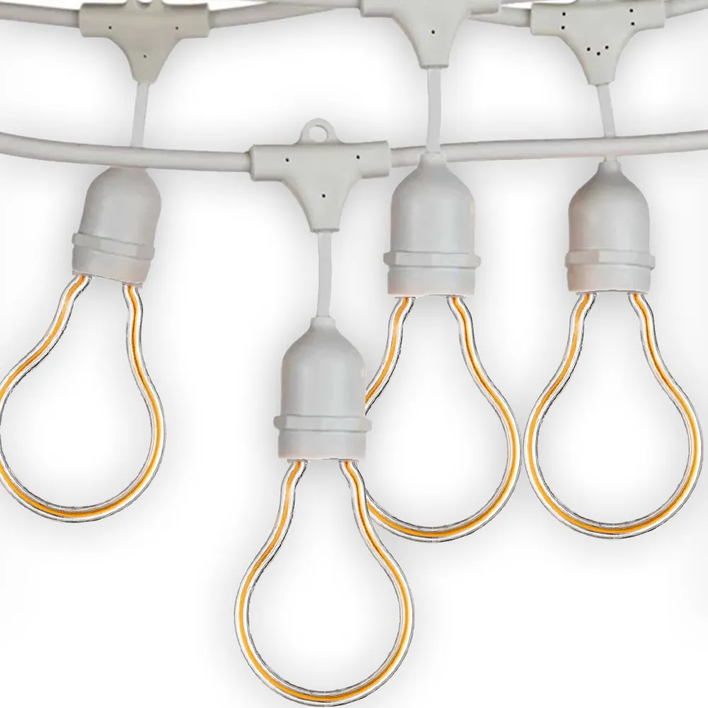 Ghirlandă Luminoasă 45M cu 45 Becuri Bec LED cu Efect Neon 4W, din Plastic, Dimabil, E27, A70, Lumina Foarte Calda, de Exterior, Cablu Alb cu Pendul de 10cm.
