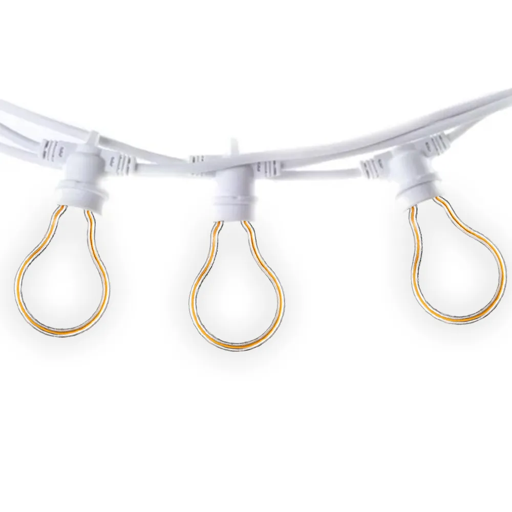 Ghirlandă Luminoasă 125M cu 250 Becuri Bec LED cu Efect Neon 4W, din Plastic, Dimabil, E27, A70, Lumina Foarte Calda, de Exterior, Cablu Alb fără Pendul.