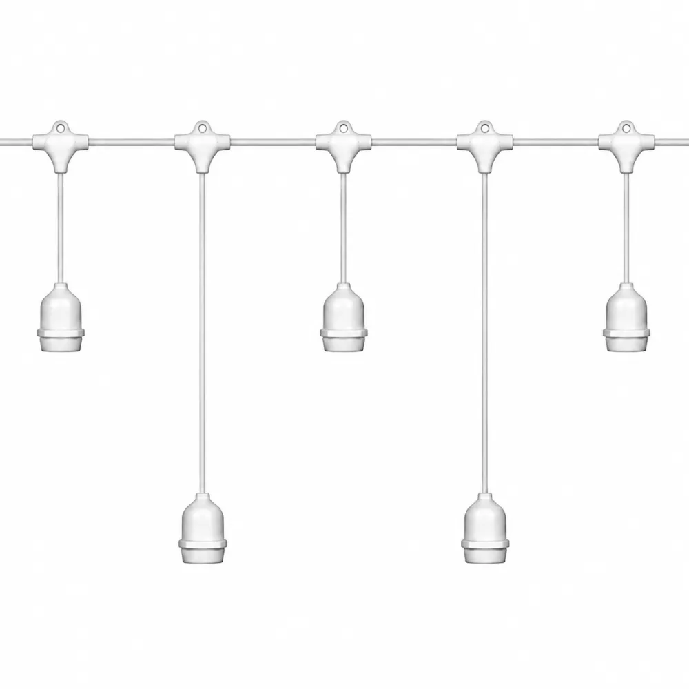 Cablu Ghirlanda Luminoasa 15M cu 15 Fasunguri E27, Cablu Alb cu Pendul Variabil 0.5 si 1M, Conectabil 1000W, de Exterior
