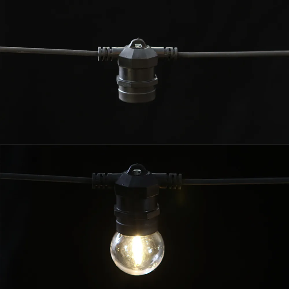 Cablu Ghirlanda Luminoasa 10M cu 20 Fasunguri E27, Cablu Negru 2x1mm2, Conectabil 1000W, de Exterior