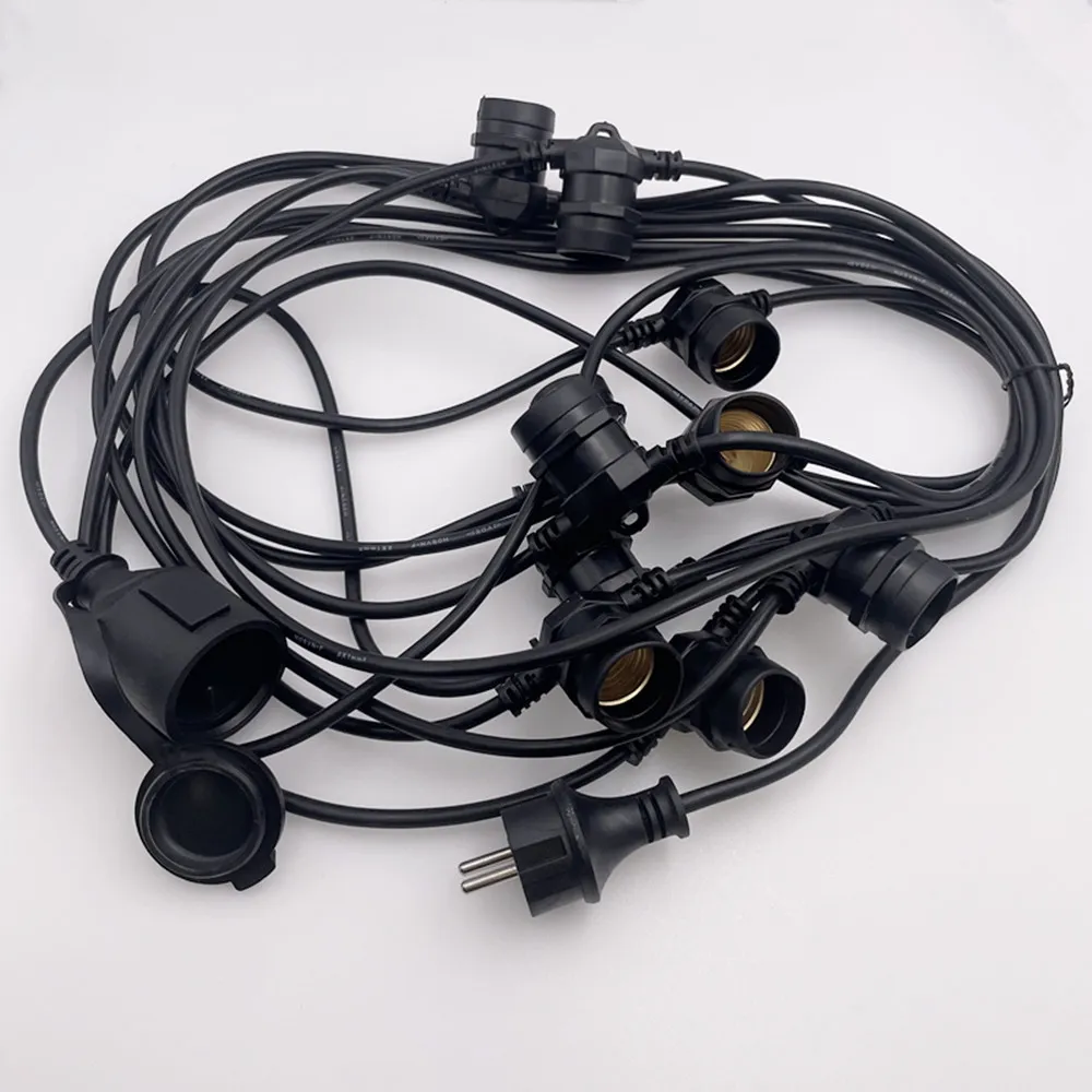 Cablu Ghirlanda Luminoasa 5M cu 10 Fasunguri E27, Cablu Negru 2x1mm2, Conectabil 1000W, de Exterior