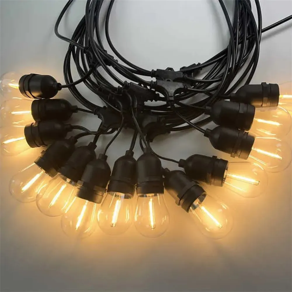 Ghirlanda Luminoasa Solara 10m cu 10 Becuri 0.2W E27, Cablu Negru, Lumina Calda