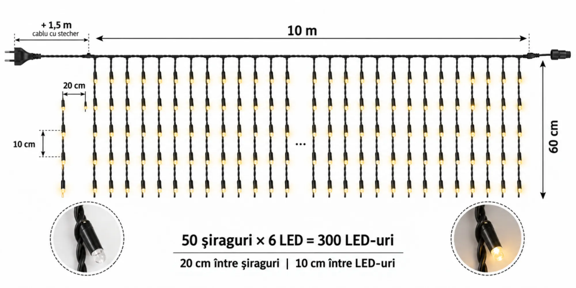 Perdea Luminoasa 10M x 0.6M, 300 LEDuri, Cablu Negru, Lumina Foarte Calda cu Flash Lumina Foarte Calda, Conectabila 30m, de Exterior
