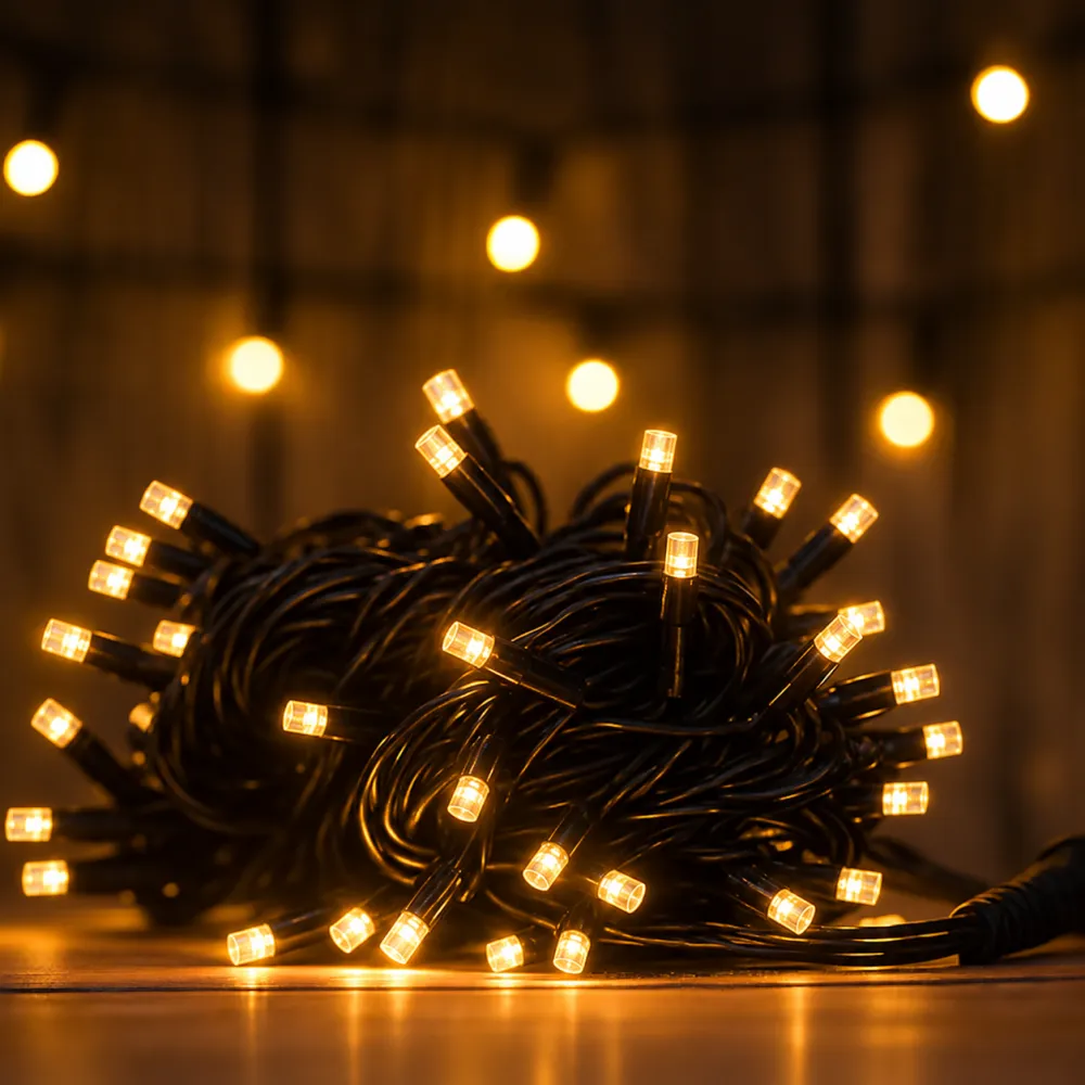 Ghirlanda Luminoasa Decorativa 10M cu 100 LEDuri, Cablu Negru, Lumina Foarte Calda cu Flash, Conectabila 40M, de Exterior IP65