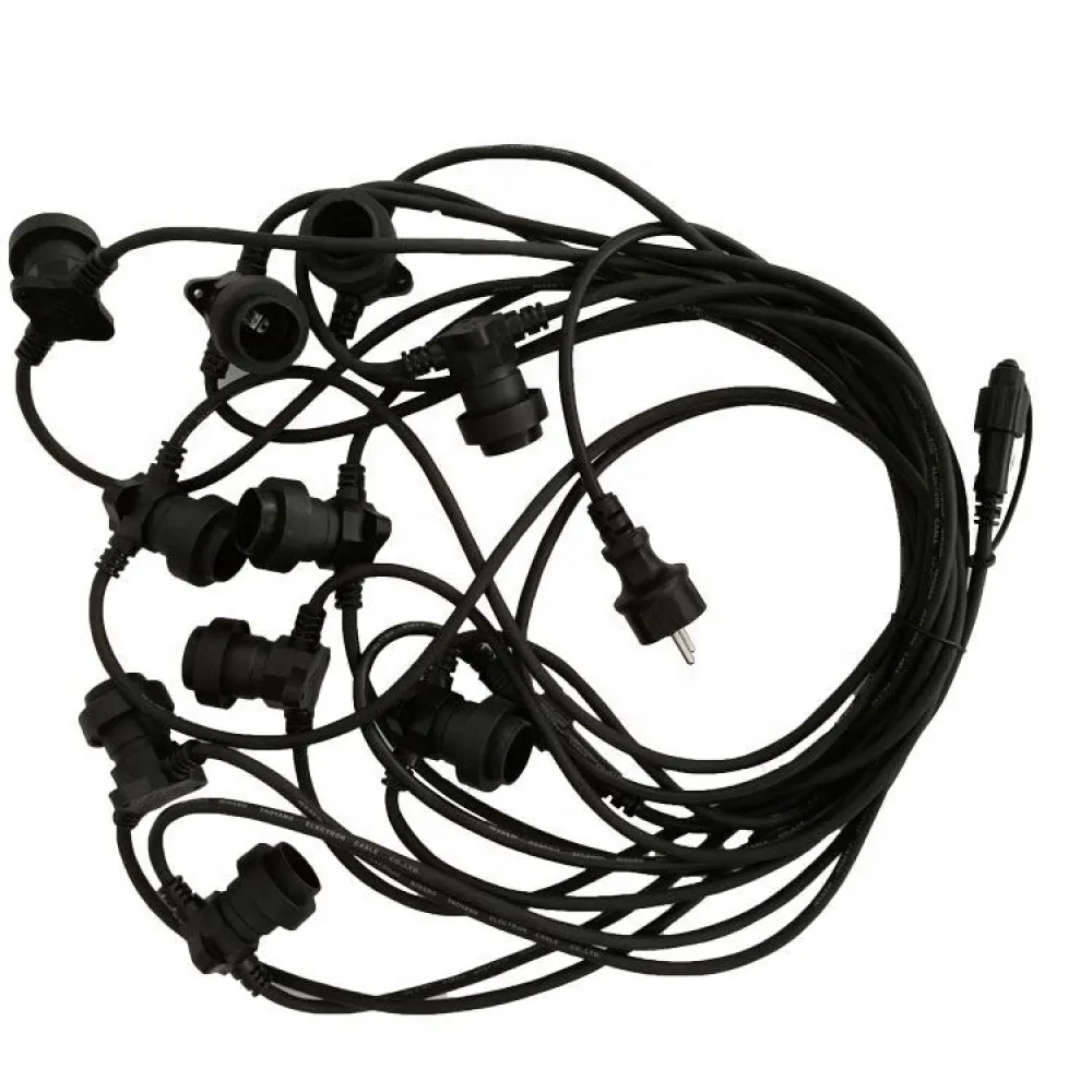 Cablu Rotund Ghirlanda Luminoasa 10M cu 20 Fasunguri E27 de max. 15W, Cablu Negru, Conectabil 1000W, de Exterior