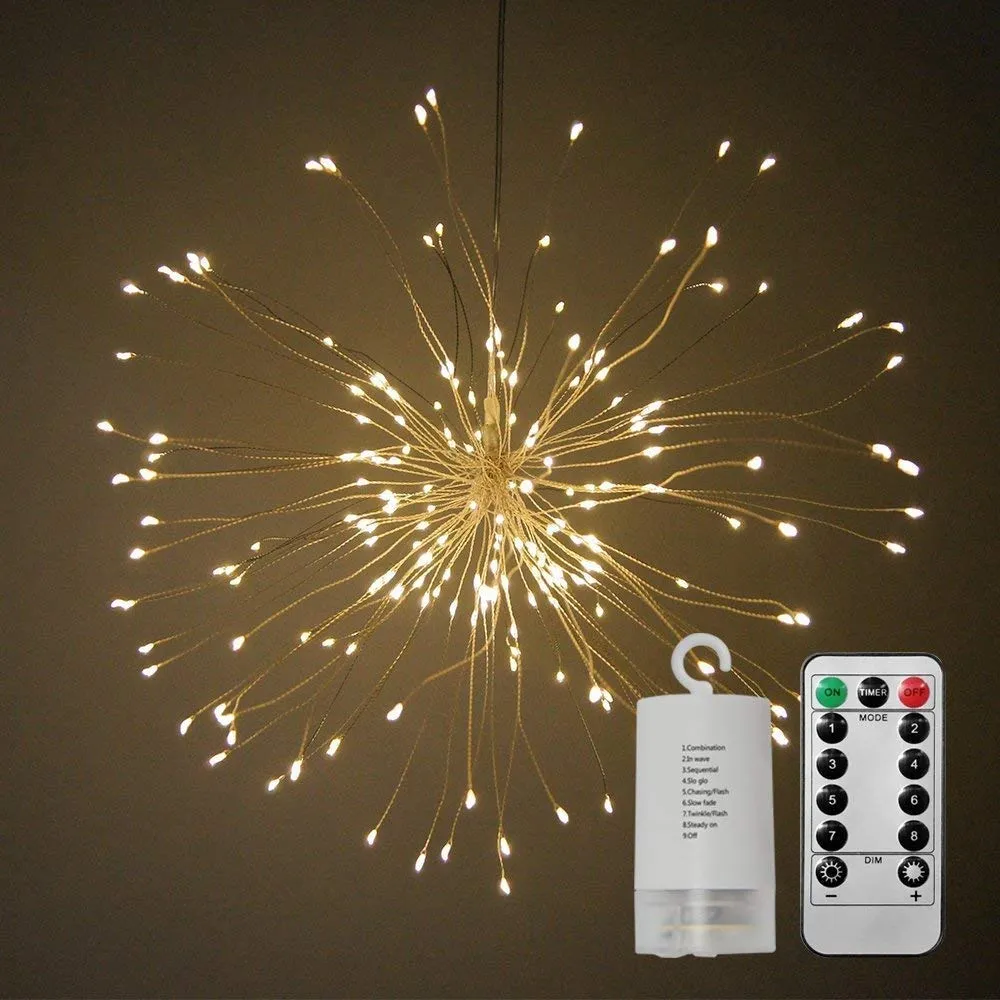 Lampa Artificii din Cupru cu 120 LEDuri, Lumina Calda, cu Baterii si Telecomanda, de Exterior