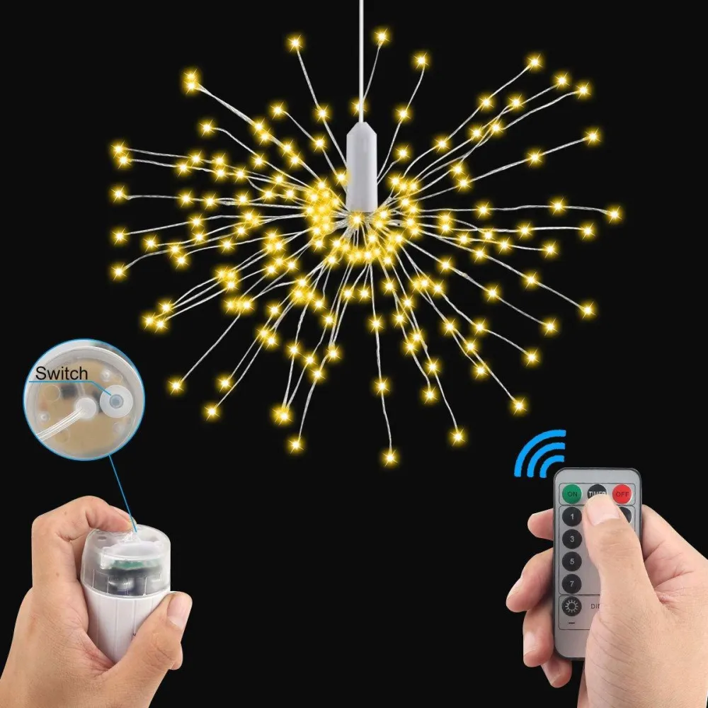 Lampa Artificii din Cupru cu 120 LEDuri, Lumina Calda, cu Baterii si Telecomanda, de Exterior