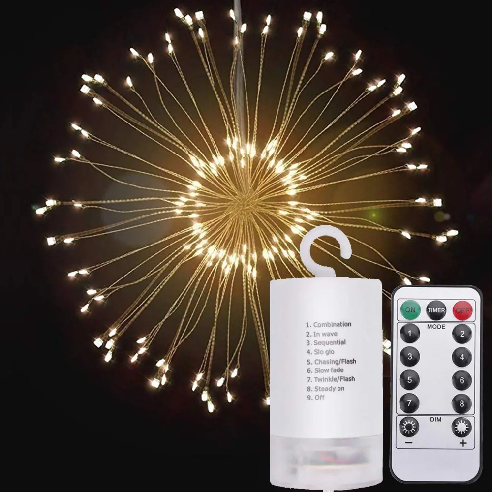 Lampa Artificii din Cupru cu 120 LEDuri, Lumina Calda, cu Baterii si Telecomanda, de Exterior