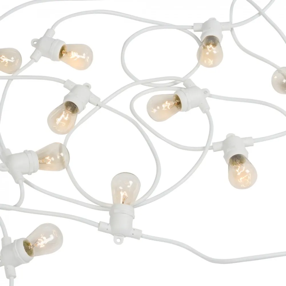 Ghirlanda Luminoasa 15M cu 24 Becuri Incandescente, S14, E27, 11W, Cablu Alb, Lumina Foarte Calda, Conectabila 45M, de Exterior