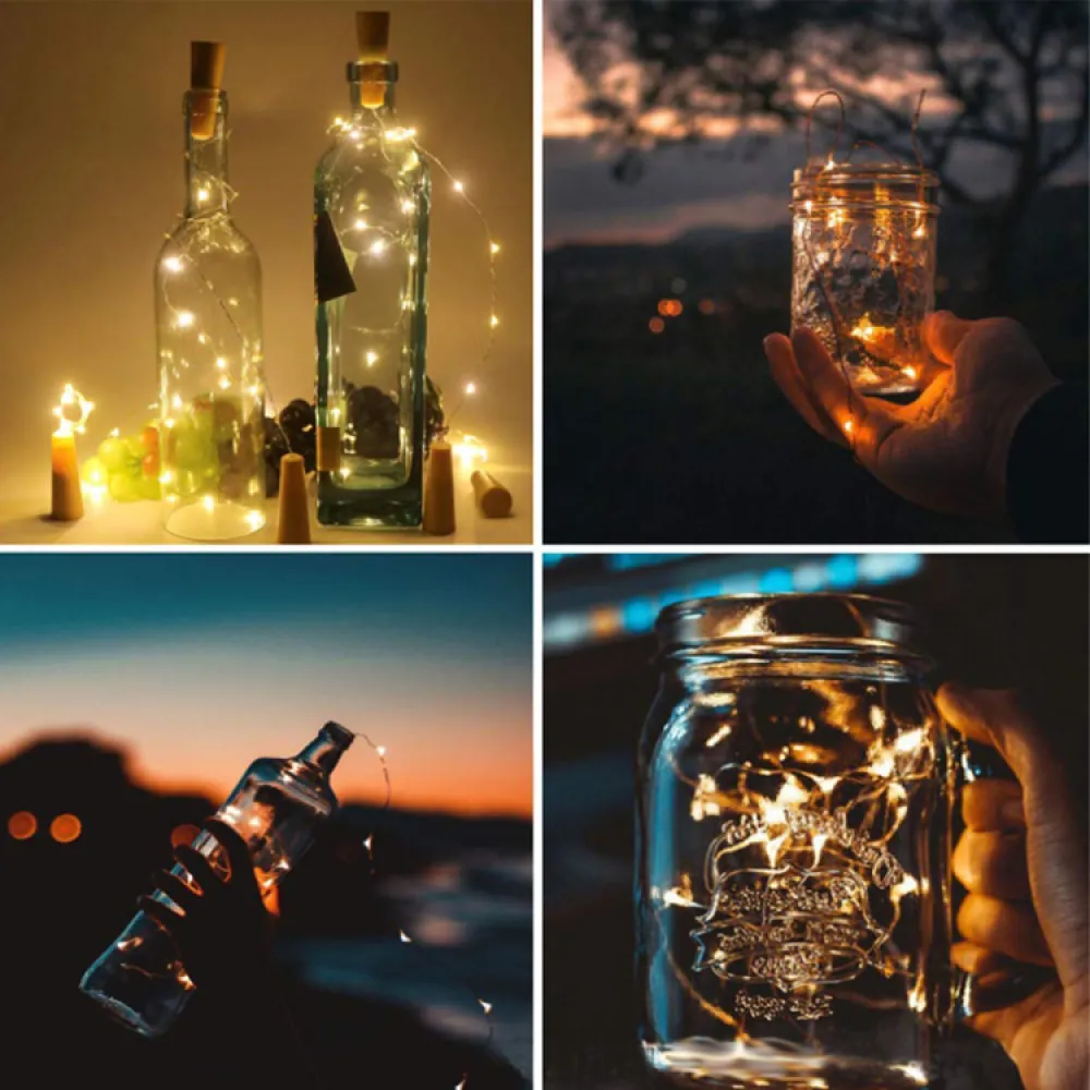 Ghirlanda Luminoasa Decorativa din Cupru 2m cu 20 LEDuri cu Dop, Lumina Calda, cu Baterii Incluse