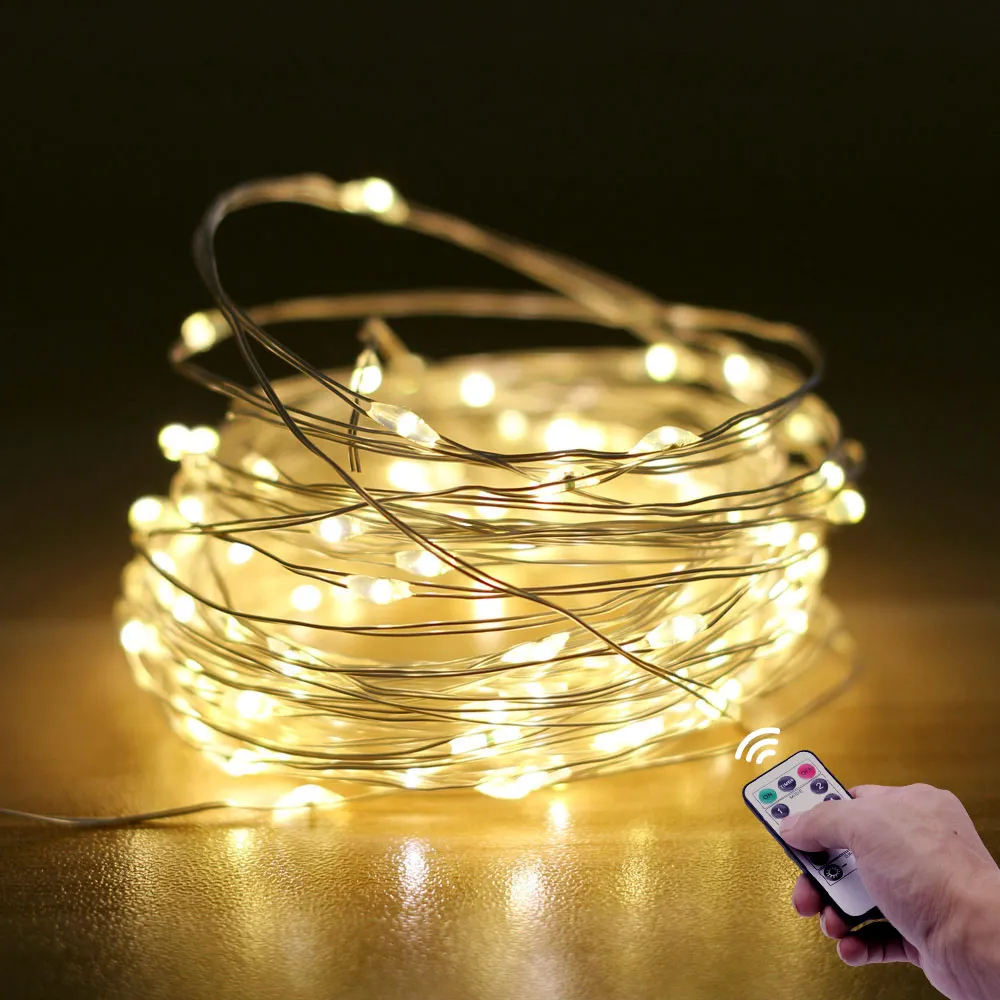 Ghirlanda Luminoasa Decorativa din Cupru 10M cu 100 LEDuri, Lumina Calda, cu Transformator si Telecomanda, de Exterior