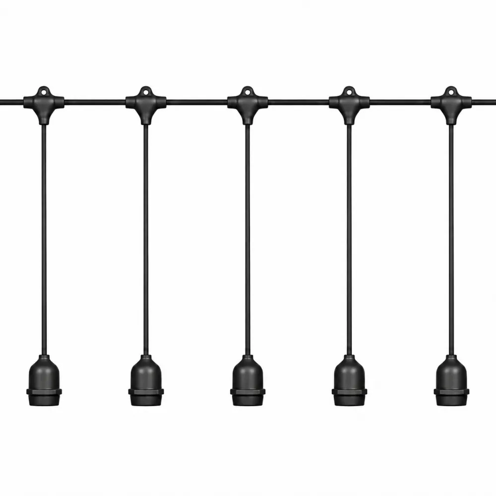 Cablu Ghirlanda Luminoasa 15M cu 15 Fasunguri E27, Cablu Negru cu Pendul 1M, Conectabil 1500W, de Exterior
