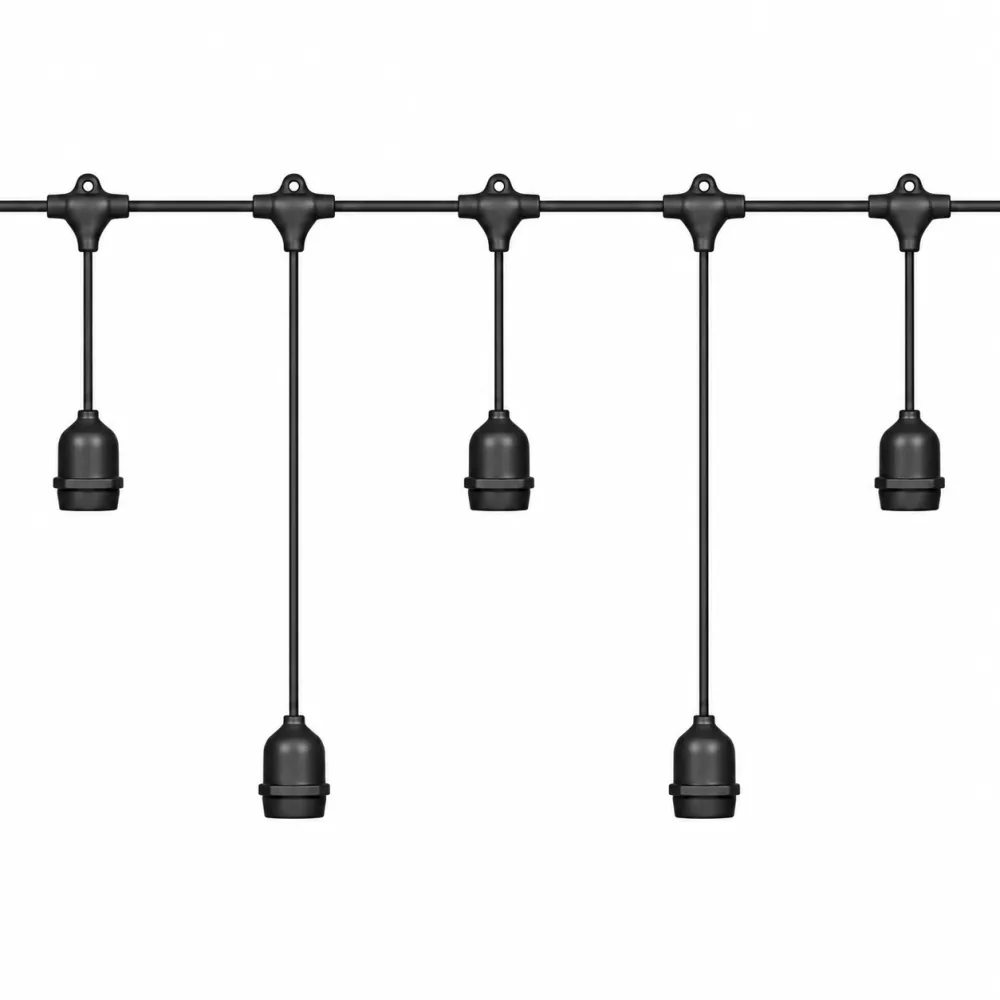 Cablu Ghirlanda Luminoasa 15M cu 15 Fasunguri E27, Cablu Negru cu Pendul Variabil 0.5 si 1M, Conectabil 1000W, de Exterior